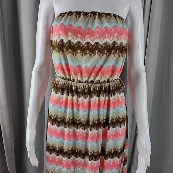Rue 21 Women's Coral & Brown Geo Stripe Strapless Maxi Dress Size L - Picture 2 of 11